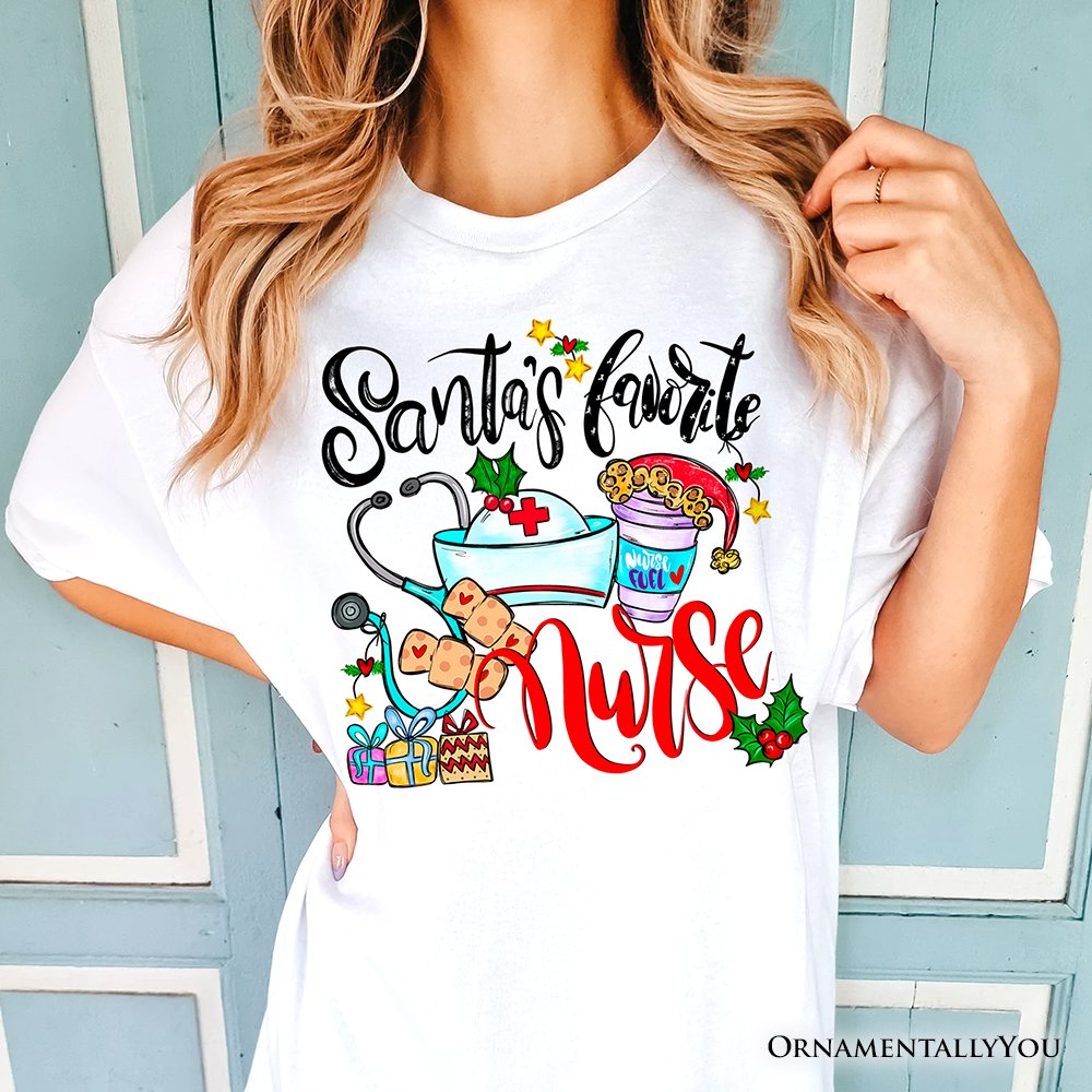 Santa’s Favorite Nurse T-Shirt, Cheerful Christmas Tee T-Shirts OrnamentallyYou 