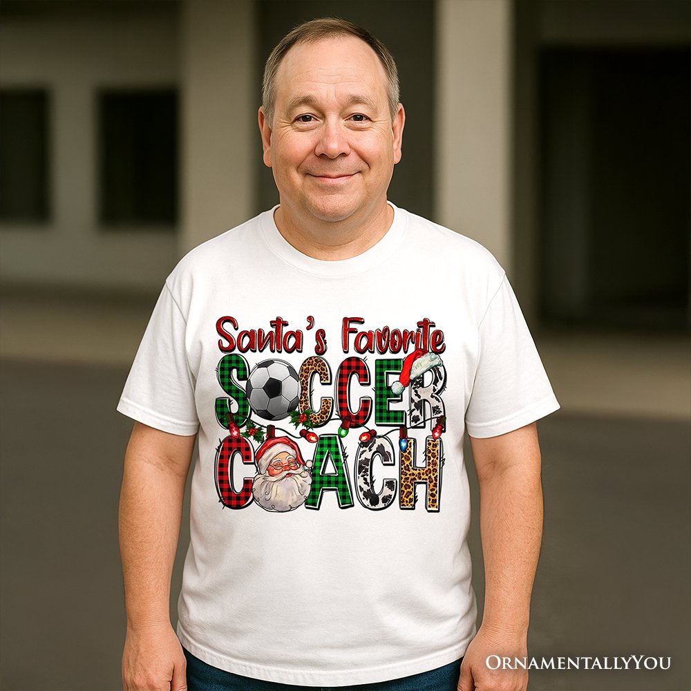 Santa’s Favorite Soccer Coach Plaid Christmas T-Shirt, Sports Team Holiday Tee T-Shirts OrnamentallyYou 
