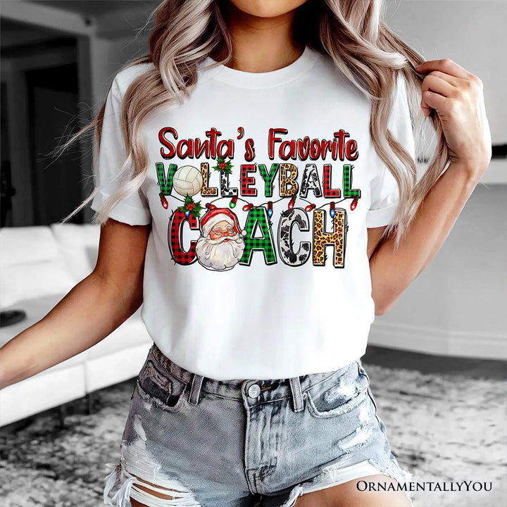 Santa’s Favorite Volleyball Coach Plaid Christmas T-Shirt, Sports Team Holiday Tee T-Shirts OrnamentallyYou 