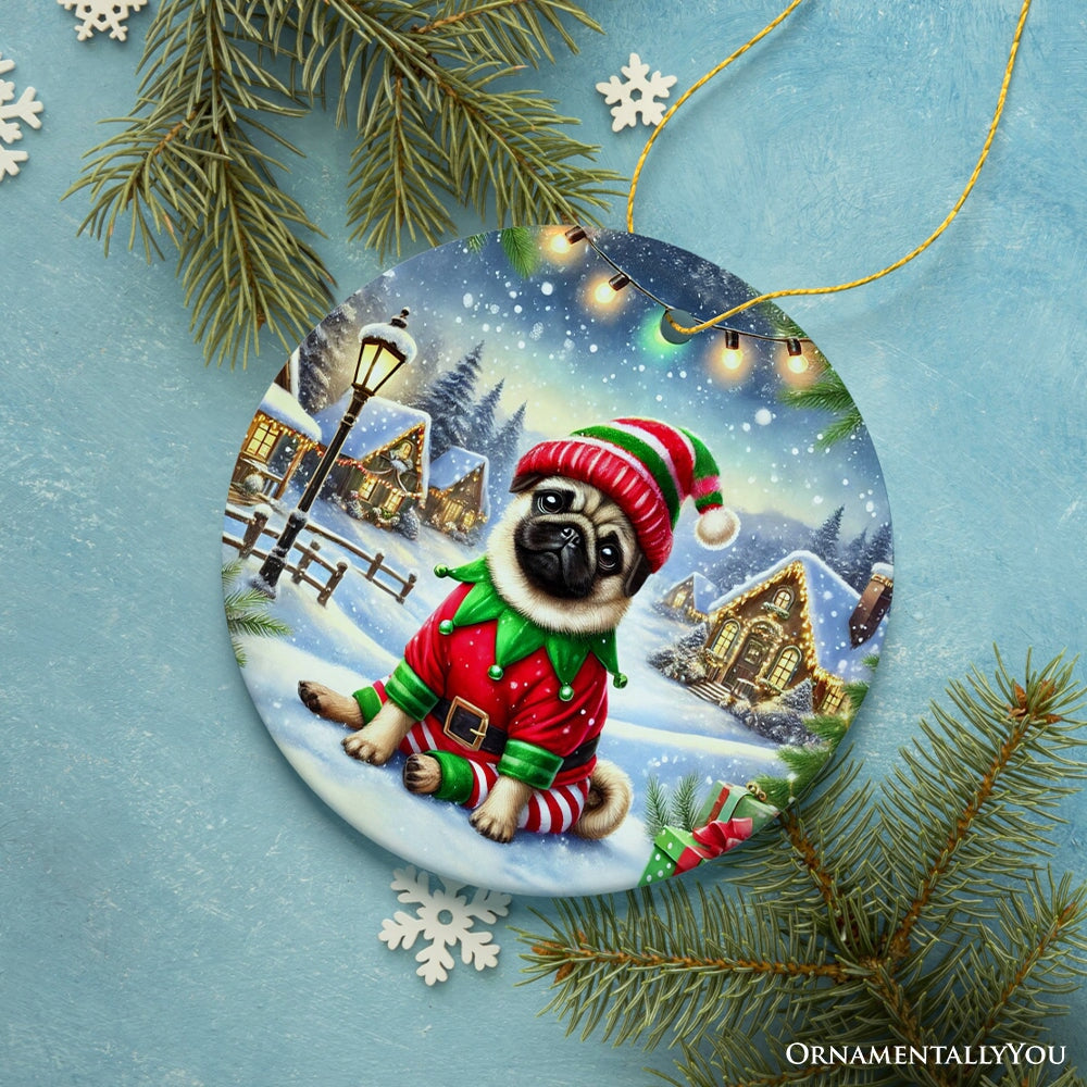 Santa's Little Helper Pug Elf Ornament, Whimsical Canine Christmas Decor Ceramic Ornament OrnamentallyYou 