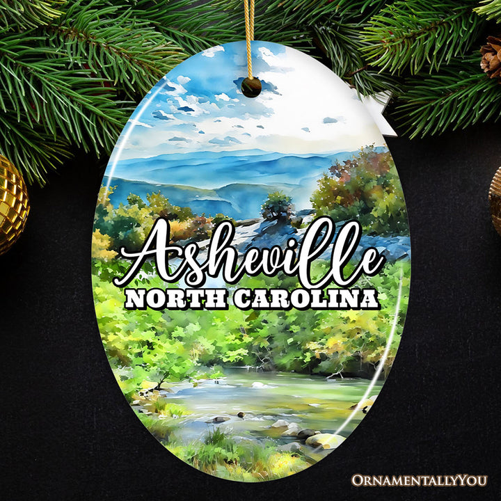Scenic Asheville Mountain Town Ceramic Ornament, Nature and Historic North Carolina Christmas Gift and Tree Decor