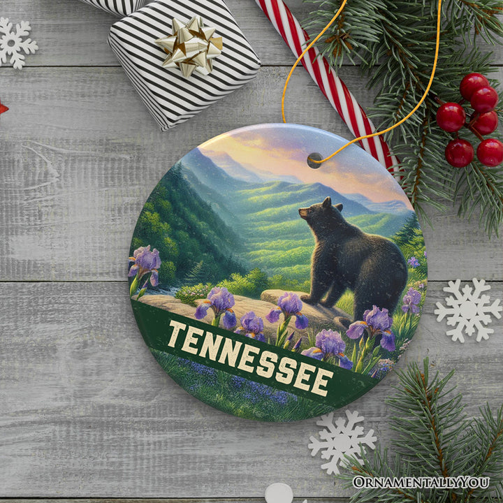Scenic Tennessee Great Smoky Mountains Christmas Ornament, Black Bear and Wildflower Nature Gift and Tree Decor