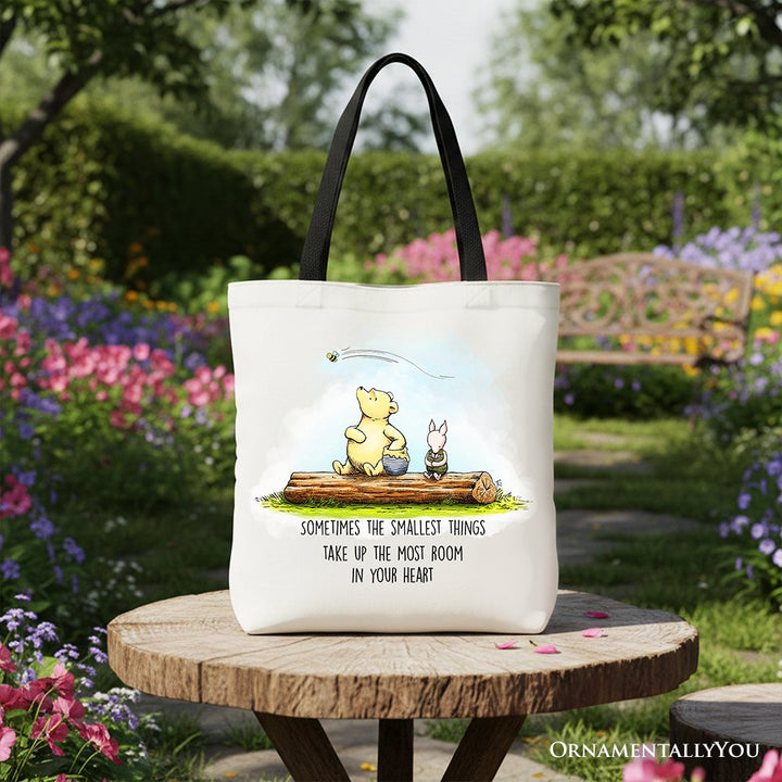 Sentimental Heartwarming Quote Bear Canvas Tote Bag, Small Things Friendly Gift Tote Bag OrnamentallyYou Black Handle 