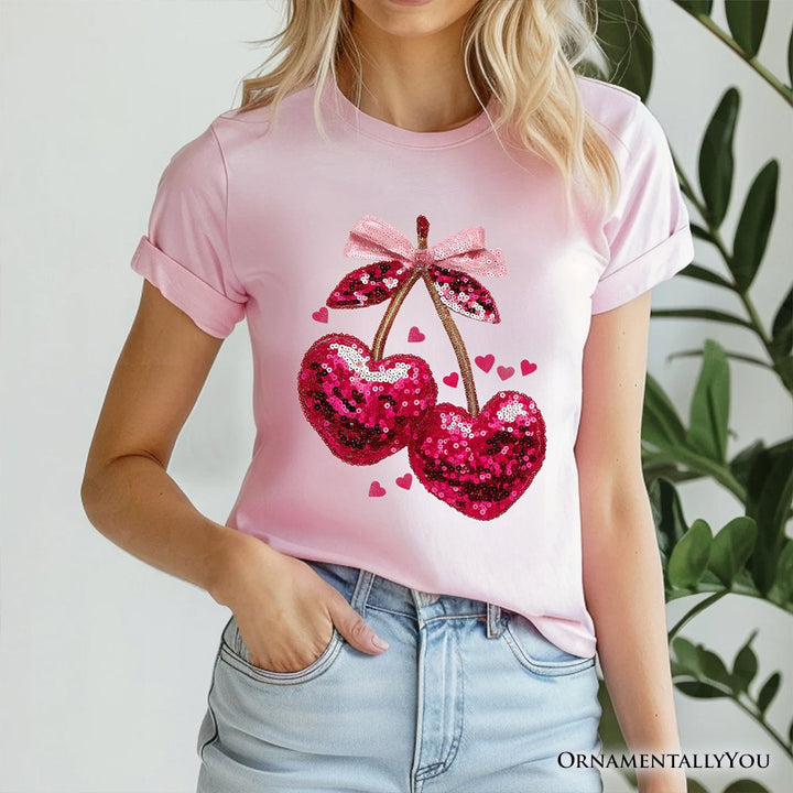 Sequin Pink Cherry Heart Valentine T-Shirt, Mood for Love Coquette Tee T-Shirts OrnamentallyYou 