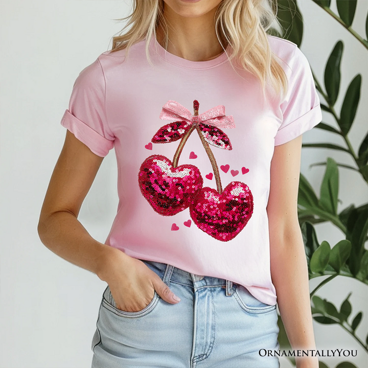 Sequin Pink Cherry Heart Valentine T-Shirt, Mood for Love Coquette Tee