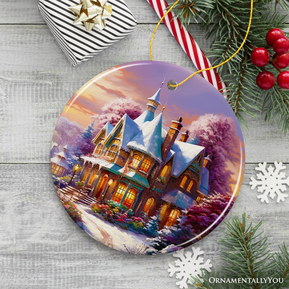 Serene Snowy House Painting Christmas Ornament, Tranquil Winter Wonderland Decoration Keepsake Ceramic Ornament OrnamentallyYou Circle 