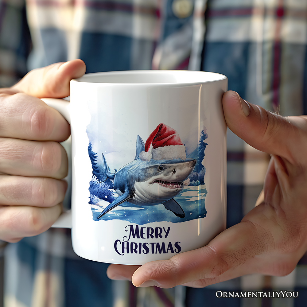 Shark with Santa Hat Personalized Mug, Festive Christmas Gift With Custom Name and Date