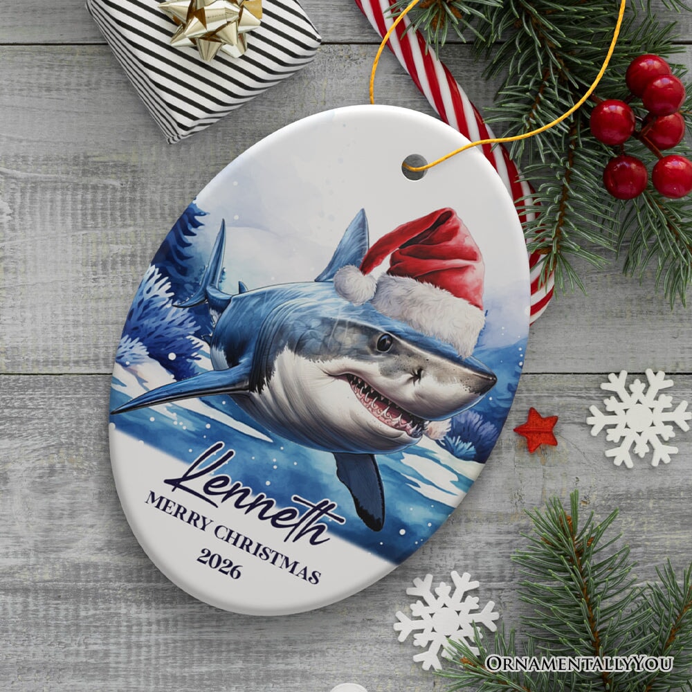 Shark with Santa Hat Personalized Ornament, Festive Christmas Gift With Custom Name and Date Ceramic Ornament OrnamentallyYou Oval 