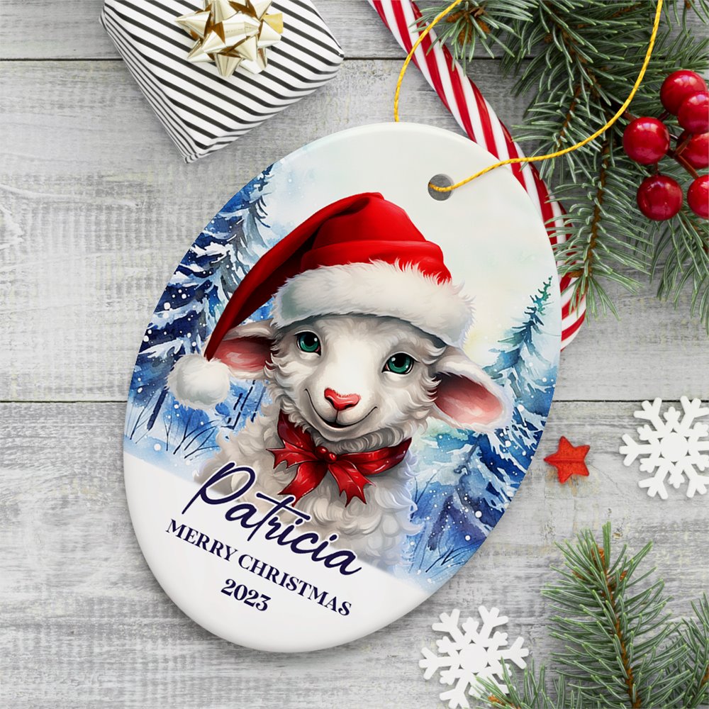 Sheep with Santa Hat Personalized Ornament, Winter Forest Christmas Gift With Custom Name and Date Ceramic Ornament OrnamentallyYou Oval 