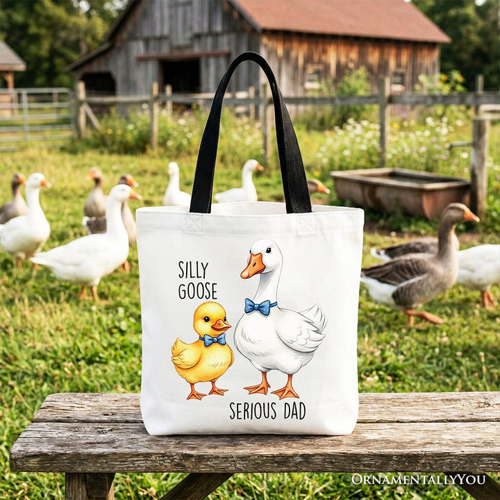 Silly Goose Serious Dad Tie Tote Bag, Cute Duo Fathers Gift Shopper Tote Bag OrnamentallyYou Black Handle 