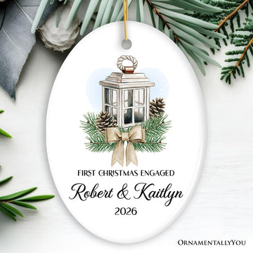 Simply Elegant Engaged or Married First Christmas Personalized Ornament, Newlyweds or Marriage Proposal Gift Ceramic Ornament OrnamentallyYou Oval 
