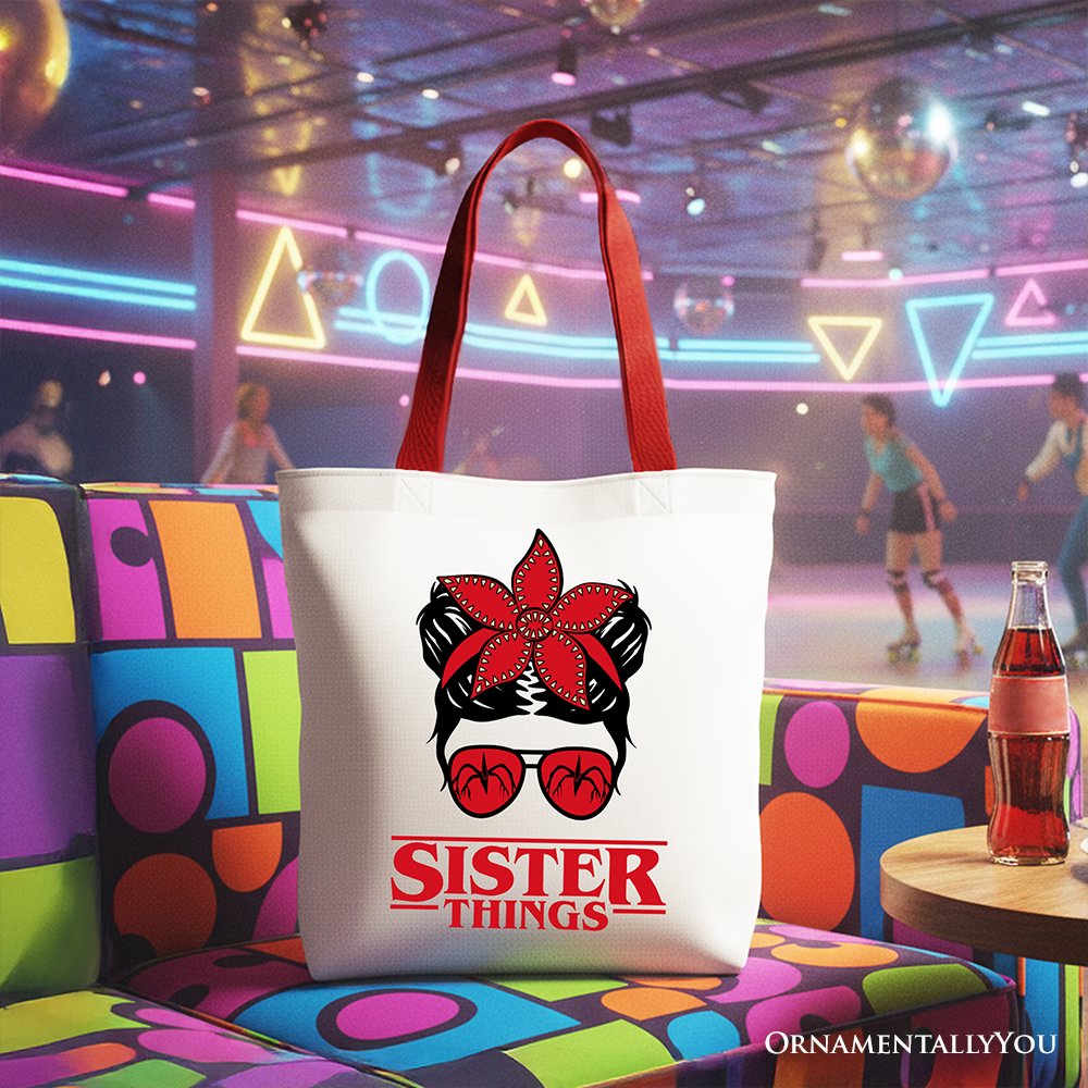 Sister Things Messy Bun Retro Canvas Tote Bag, Red Bandana Glasses Family Matching Gift Shopper Tote Bag OrnamentallyYou Red Handle 