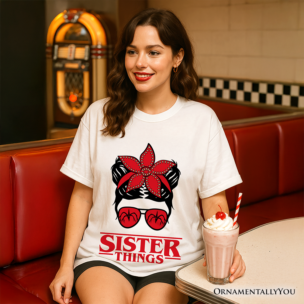 Sister Things Messy Bun Retro T-Shirt, Red Bandana Glasses Family Matching Tee