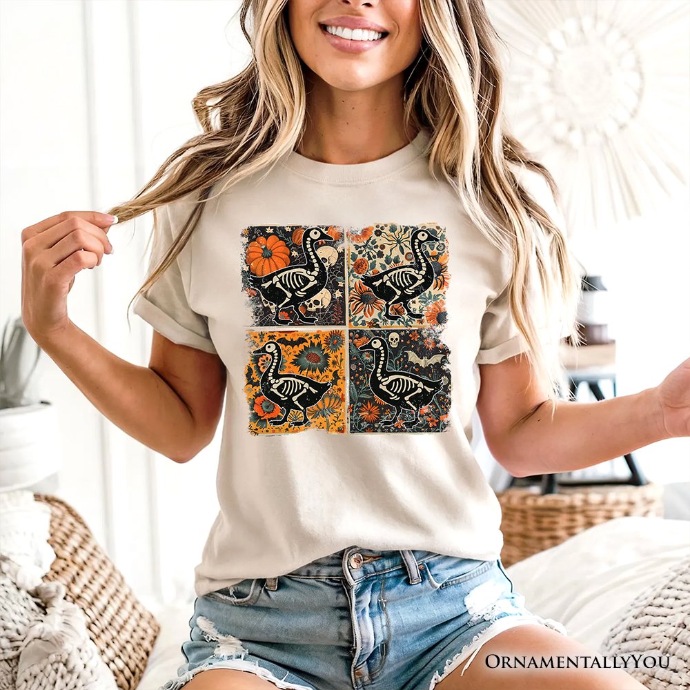 Skeleton Goose Patchwork T-Shirt, Floral Halloween Tee for The Spooky Season T-Shirts OrnamentallyYou 