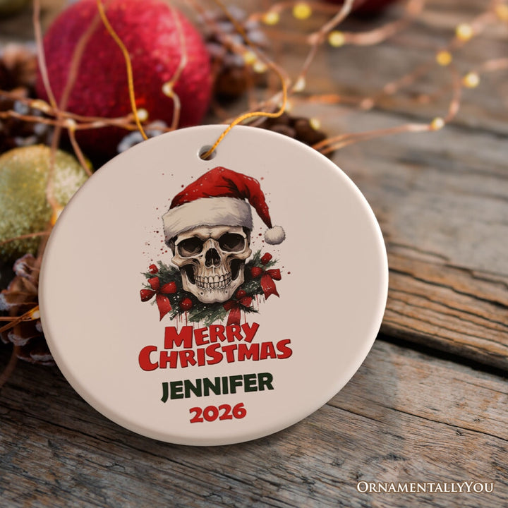 Skull Christmas Personalize Ornament, Skeleton Xmas Gift Ceramic Ornament OrnamentallyYou Circle 