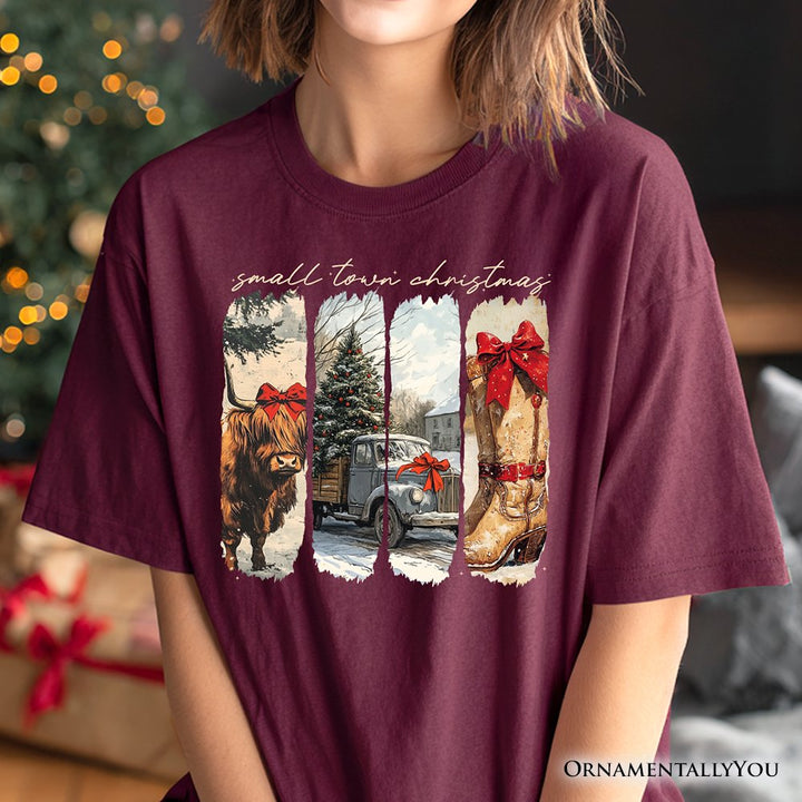 Small Town Christmas T‑Shirt, Highland Cow Rustic Western Cowgirl Holiday Tee T-Shirts OrnamentallyYou 