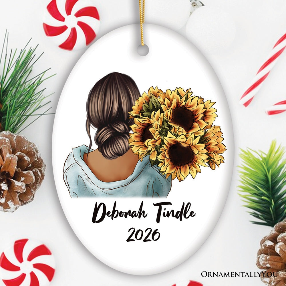Small Town Girl with Sunflowers Personalized Ornament Gift, Farmhouse Christmas Tree Decor Ceramic Ornament OrnamentallyYou Oval 