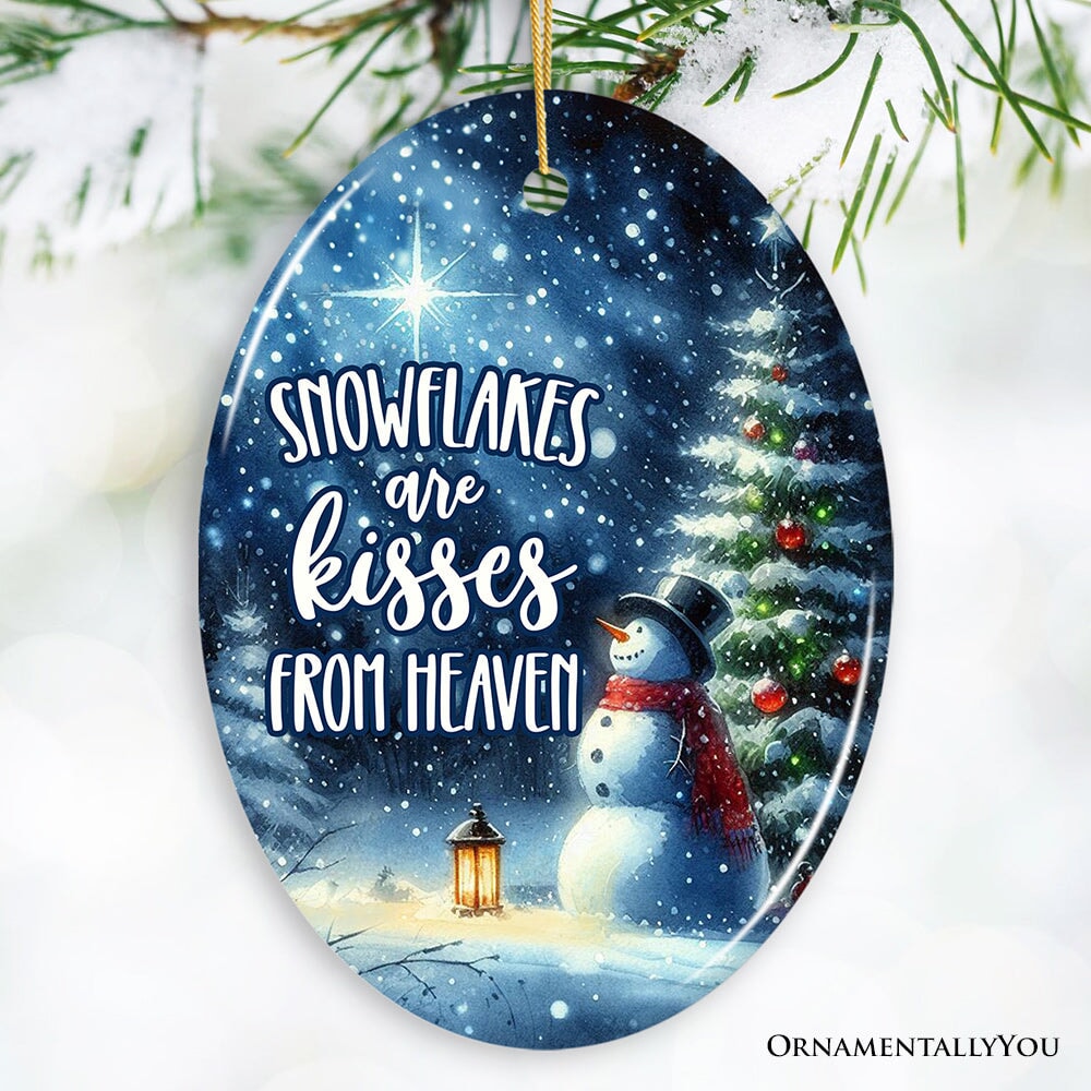 Snowflakes are Kisses from Heaven Christmas Ornament, Snowman in Magical Night Remembrance Gift Ceramic Ornament OrnamentallyYou Oval 