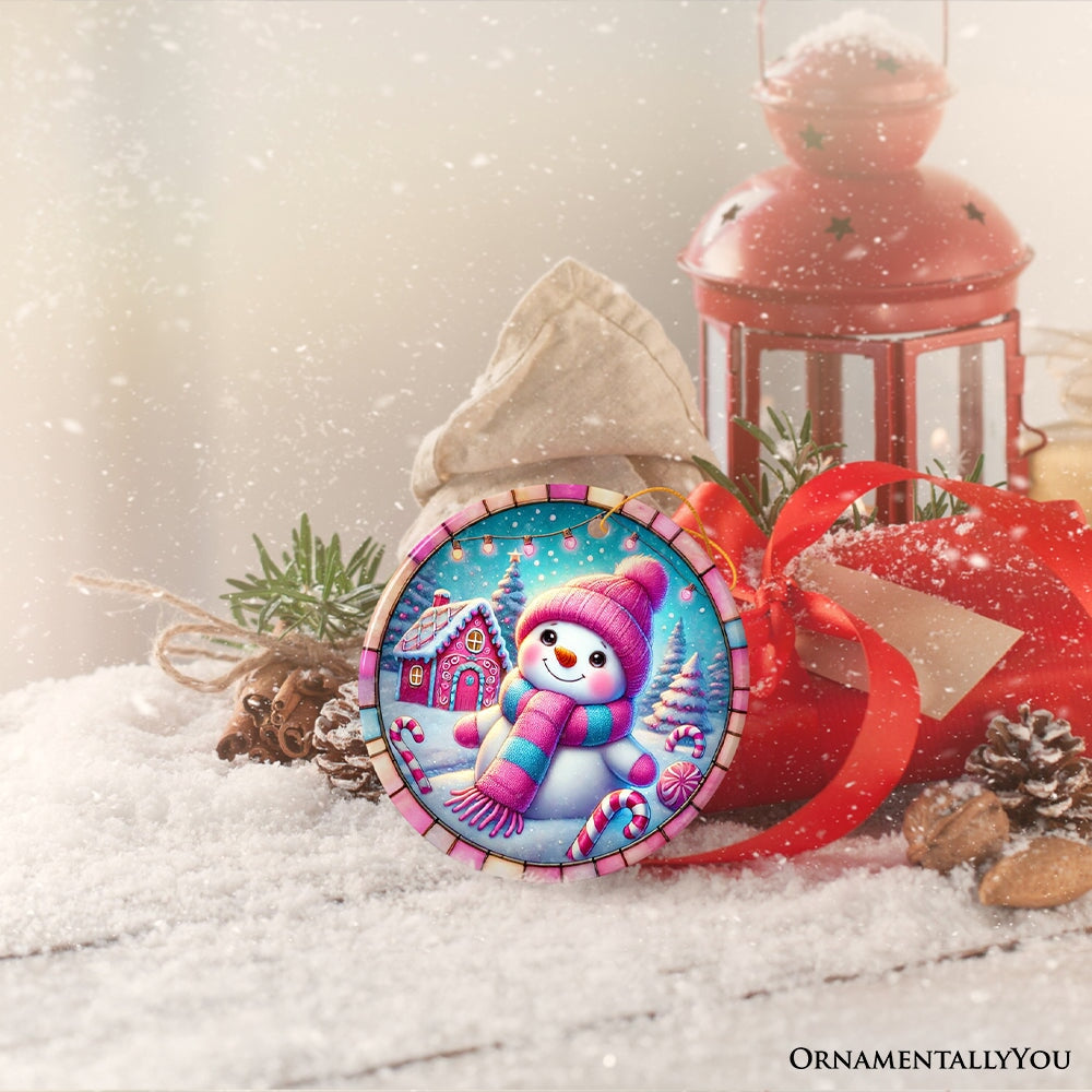 Snowman Candyland Pink Themed Ornament, Gift for Cozy Christmas Winter Wonderland Ceramic Ornament OrnamentallyYou 