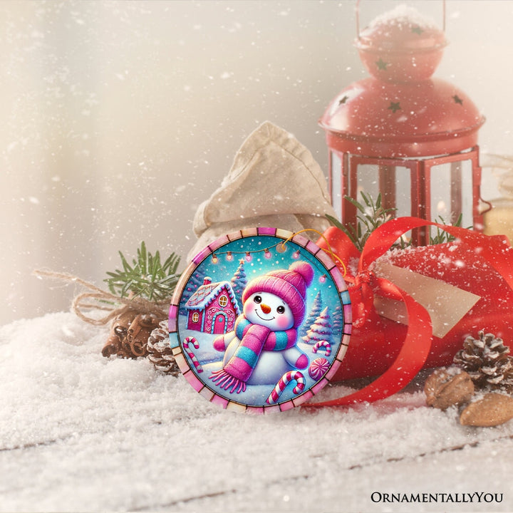 Snowman Candyland Pink Themed Ornament, Gift for Cozy Christmas Winter Wonderland Ceramic Ornament OrnamentallyYou 