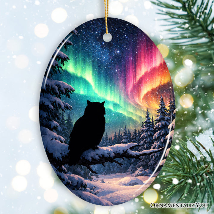 Snowy Aurora White Owl Ceramic Ornament, Northern Lights Mystic Bird Gift and Tree Decor