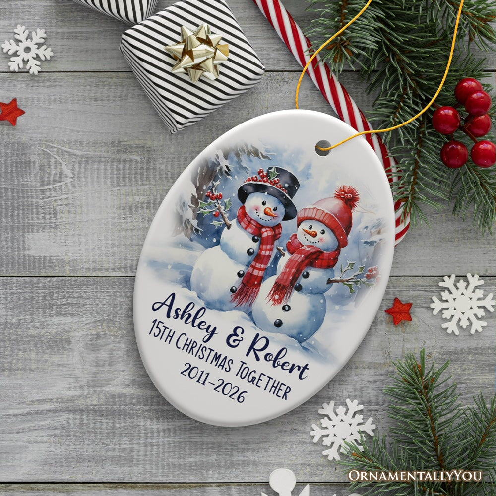 Snowy Married Couple, Watercolor Snowman Anniversary Personalized Ornament Gift Ceramic Ornament OrnamentallyYou Oval 