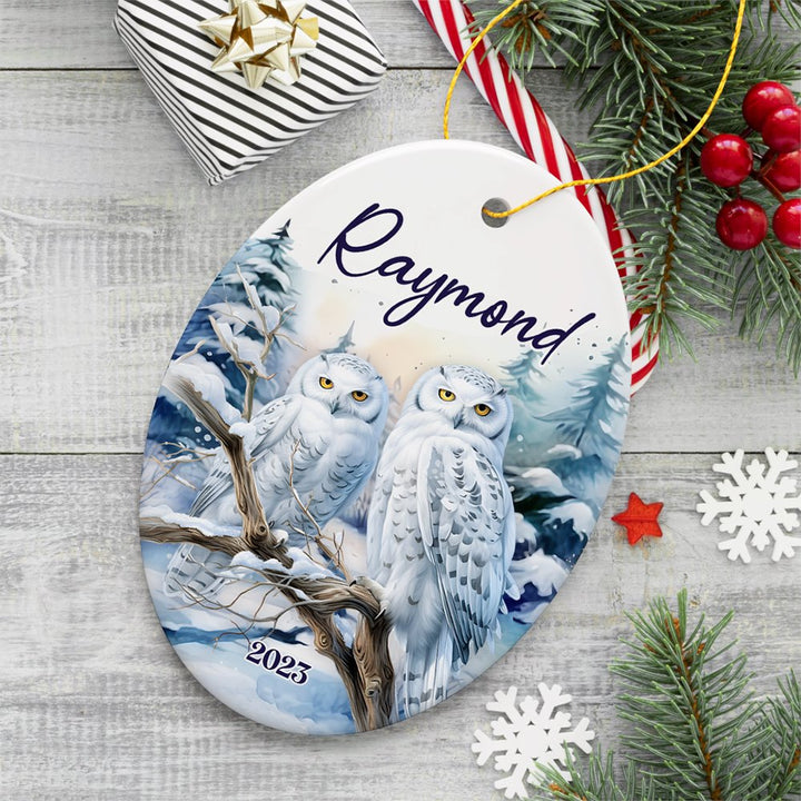 Snowy Owl Personalized Ornament, Grand Arctic Majesty Christmas Gift With Custom Name and Date Ceramic Ornament OrnamentallyYou Oval 