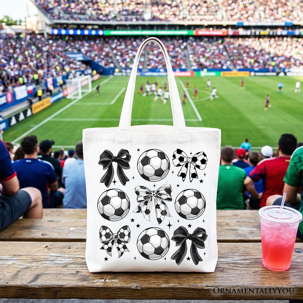 Soccer Balls Coquette Bows Tote Bag, Sports Mom Gift Shopper Tote Bag OrnamentallyYou White 