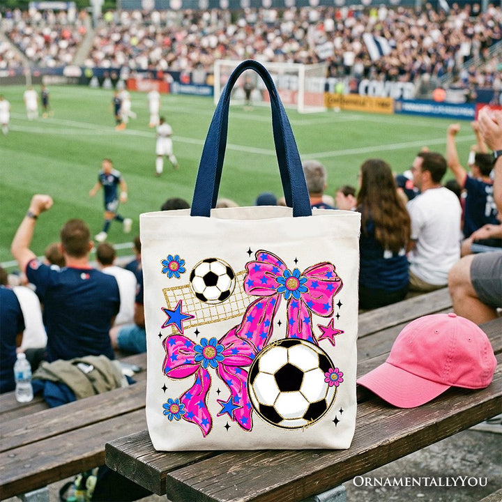 Soccer Coquette Pink Bow Tote Bag, Preppy Game Day Gift Shopper Tote Bag OrnamentallyYou Navy Handle 