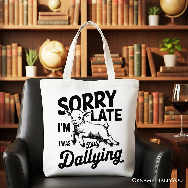 Sorry I'm Late Funny Lamb Tote Bag, Retro Dilly Dallying Gift Shopper for Quirky Women Tote Bag OrnamentallyYou White 