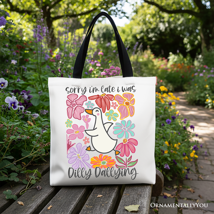 Sorry I'm Late I Was Dilly Dallying Goose Canvas Tote Bag, Cute Flowers Women Gift