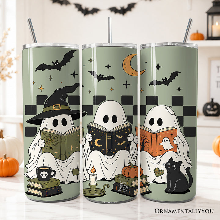 Spooky Ghosts Reading Books 20oz Personalized Tumbler With Lid and Stainless Steel Straw, Bookworm Halloween Gift Cup