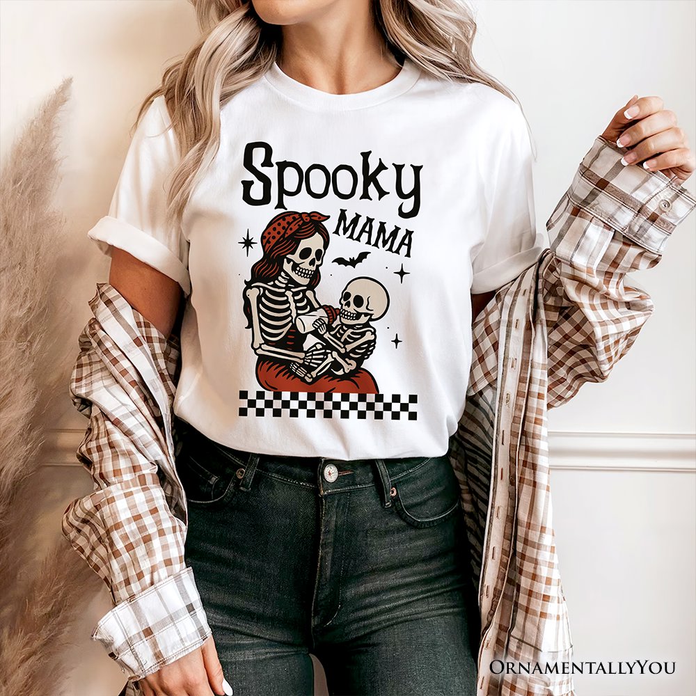 Spooky Mama Skeleton Halloween T-Shirt, Momster Retro Checkered Tee With Boo Vibes T-Shirts OrnamentallyYou 