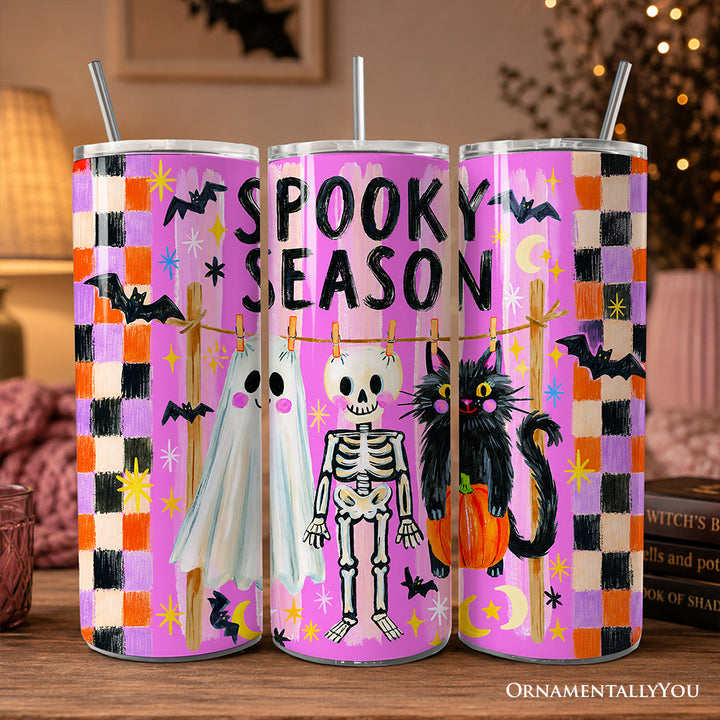 Spooky Season Ghost Skeleton Cat 20oz Personalized Tumbler With Lid and Stainless Steel Straw, Colorful Stripe Halloween Costume Gift Cup