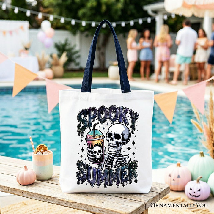 Spooky Summer Skeleton Tote Bag, Snarky Halloween Gift Shopper for Coffee and Horror Fanatics Tote Bag OrnamentallyYou Navy Handle 