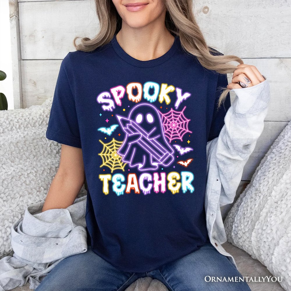 Spooky Teacher Neon Ghost T-Shirt, Retro Halloween Tee for Educators T-Shirts OrnamentallyYou 
