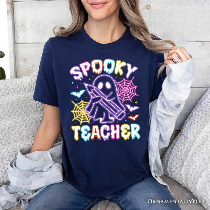 Spooky Teacher Neon Ghost T-Shirt, Retro Halloween Tee for Educators T-Shirts OrnamentallyYou 
