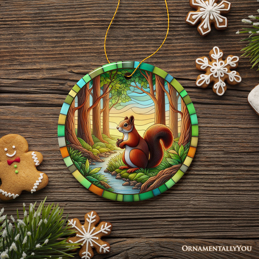 Squirrel in the Forest Stained Glass Style Ceramic Ornament, Wildlife Animals Christmas Gift and Decor