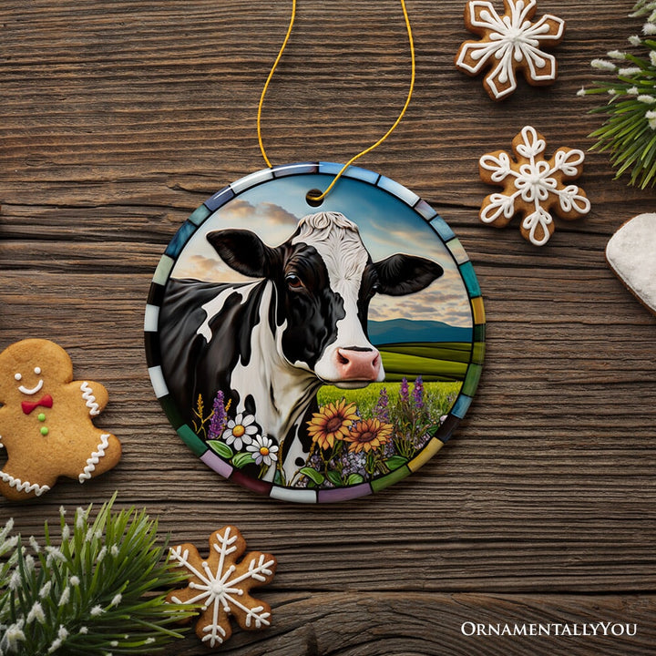 Stained Glass Bucolic Farm Cow Scene in the Pasture Ornament Ceramic Ornament OrnamentallyYou 
