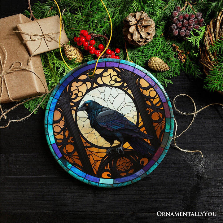 Stained Glass Creepy Dark Raven Ornament, Horror and Elegance Ceramic Ornament OrnamentallyYou 