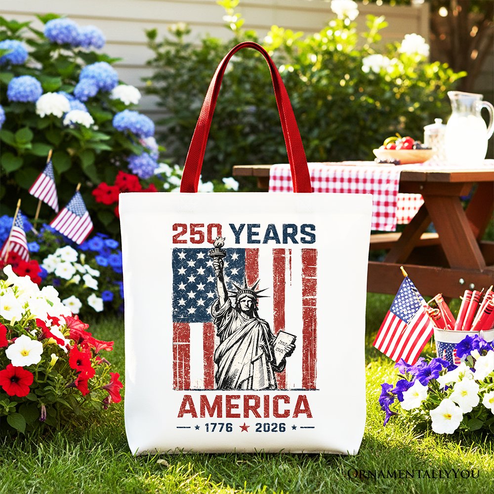 Statue of Liberty America Flag 250 Years Tote Bag, 4th of July USA Patriotic 1776–2026 Gift Shopper Tote Bag OrnamentallyYou Red Handle 