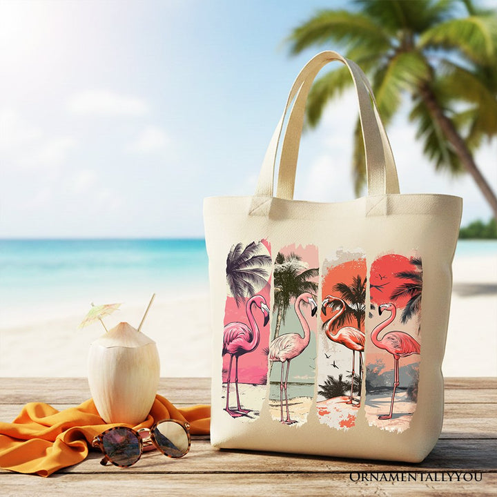 Summer Flamingo Beach Canvas Tote Bag, Retro Vacation Tropical Sunset Gift Shopper Tote Bag OrnamentallyYou Beige 