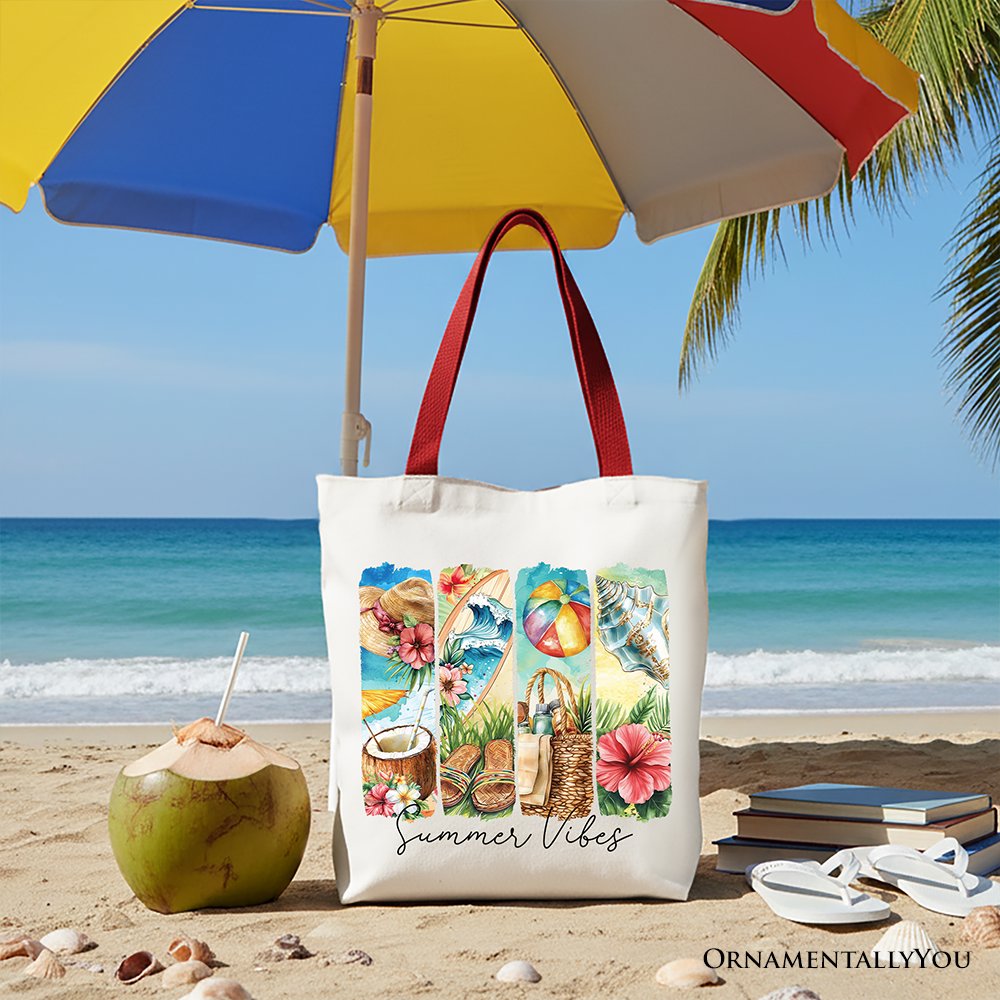 Summer Vibes Canvas Tote Bag, Beach Gift Shopper with Coconut and Flowers Tote Bag OrnamentallyYou Red Handle 