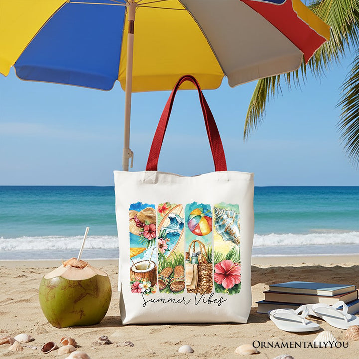 Summer Vibes Canvas Tote Bag, Beach Gift Shopper with Coconut and Flowers Tote Bag OrnamentallyYou Red Handle 