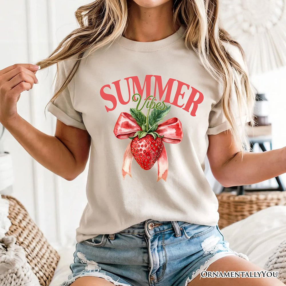 Summer Vibes Strawberry T-Shirt, White, Natural and Navy Seasonal Tee with Coquette Style T-Shirts OrnamentallyYou 