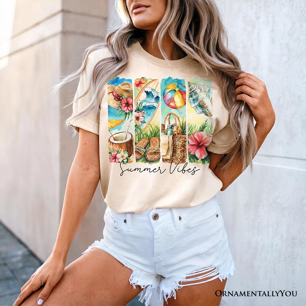 Summer Vibes T-Shirt, White and Natural Beach Tee with Coconut and Flowers T-Shirts OrnamentallyYou 