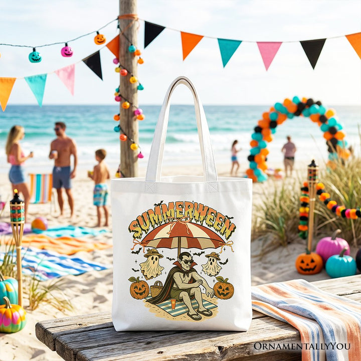 Summerween Vampire Dracula Tote Bag, Retro Halloween Beach Gift Shopper for Horror Spooky Summer Season Tote Bag OrnamentallyYou White 