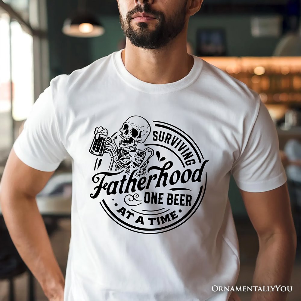 Surviving Fatherhood Skeleton Beer T-Shirt, White Vintage Tee for Tired and Hilarious Dads T-Shirts OrnamentallyYou 
