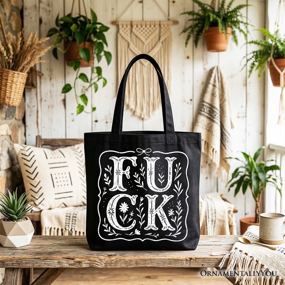 Sweary Wildflower Adult Humor Tote Bag, Western Boho Sassy Gift Shopper Tote Bag OrnamentallyYou Black 