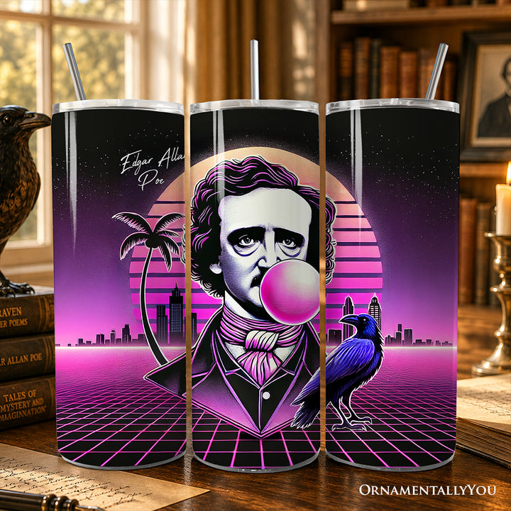 Synthwave 80's Styled Edgar Allan Poe Horror 20oz Personalized Tumbler With Lid and Stainless Steel Straw, Vaporwave Classic Retro Neon Halloween Gift Cup